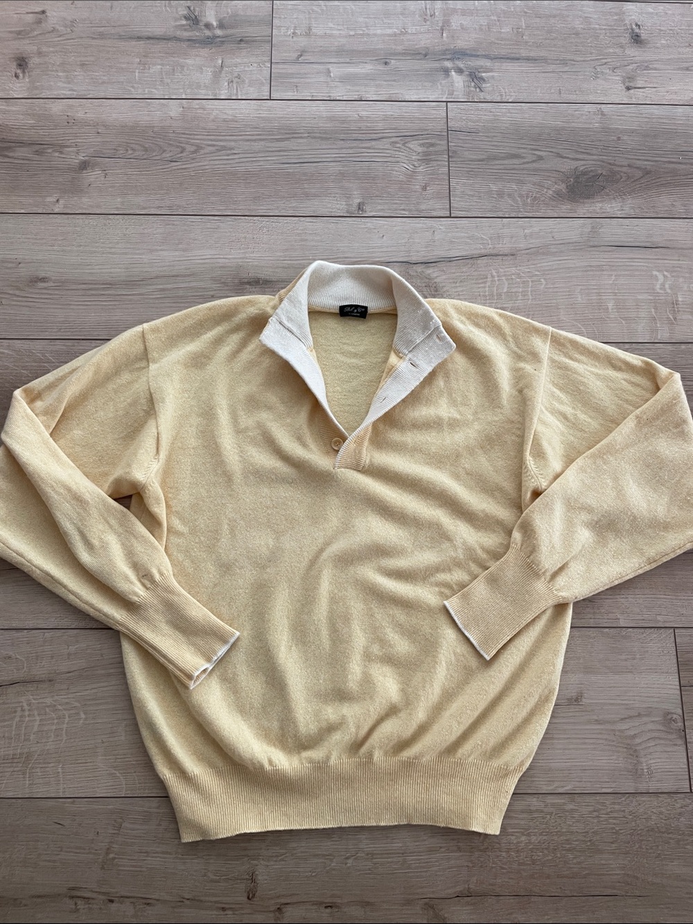 100% Cashmere Bel y Cía Barcelona Contrast Collar Polo Sweater Pale Yellow Large